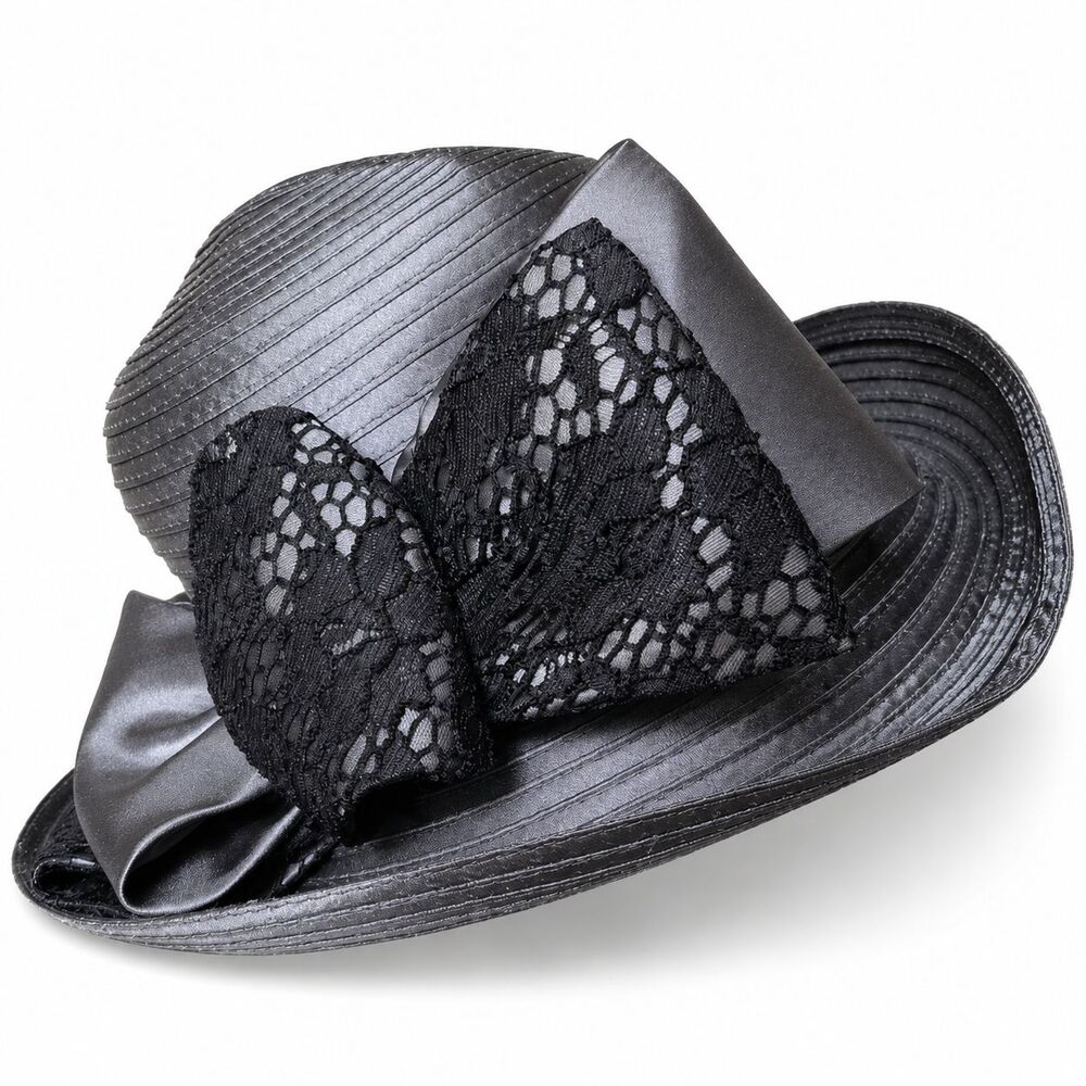 Giovannio Wide Brim Dress Hat Metallic Silver Gray Black Lace Bow Derby Church
